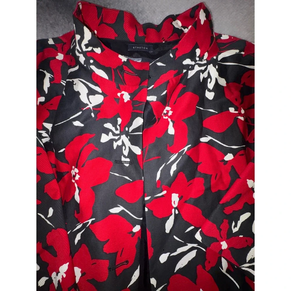 (S2) Anne Klein Floral Mock Neck Jacket Red Black‎ White 10 Stretch 3/4 Sleeve